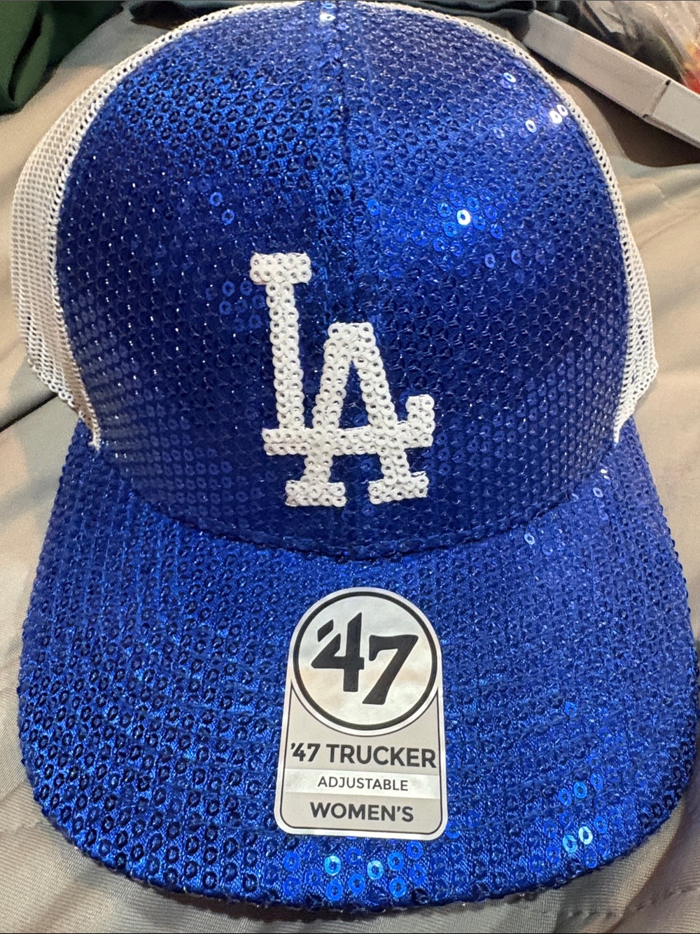 47 Women's Royal Blue Sequin LA Trucker Hat with White Logo